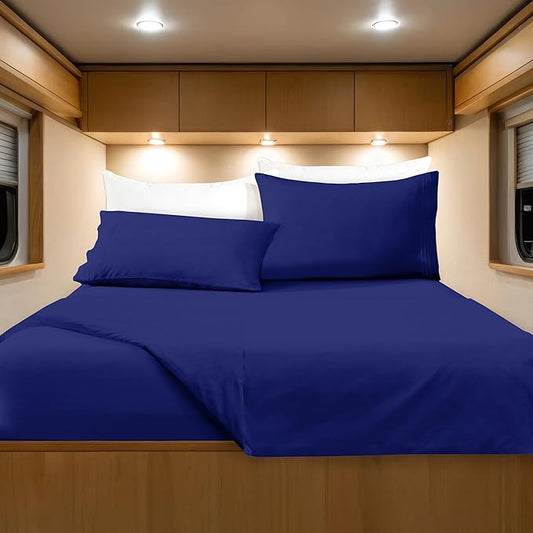 Elegant Comfort Luxurious 1500 Premium Hotel Quality Microfiber Three Line Embroidered Softest 4-Piece Bed Sheet Set, Wrinkle and Fade Resistant, RV Short Queen, Royal Blue