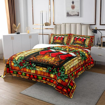 Christmas Stocking Kids Bedspread Twin Size,Merry Christmas Poinsettia Flower Rustic Cabin Coverlet Set,Boys Girls Room Decor,Geometric Plaid Quilted Coverlet,Red Xmas Bedding Quilt,1 Pillowcase