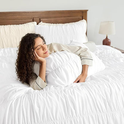 Andency Ruched White Twin Size Comforter Sets, Shabby Chic Pleated Bedding Sets 2 Pieces, Lightweight Soft Boho Ruffle Bed Set for Girls, Kids, Women, All Season
