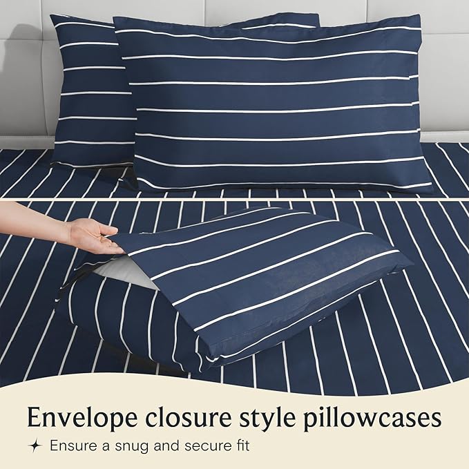 LuxClub 4 PC King Size Sheet Set, Breathable Luxury Bed Sheets, Deep Pockets 18" Wrinkle Free Cooling Machine Washable Hotel Bedding (Striped Navy)
