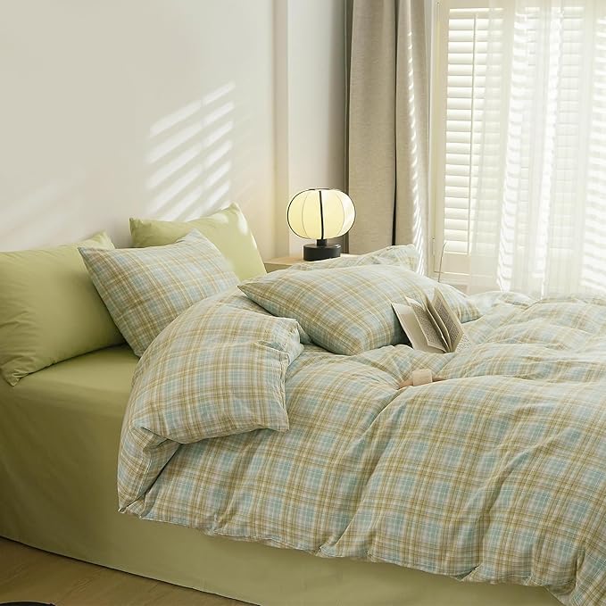 EAVD Vintage Style Yellow&Green Gingham Comforter Set Queen Washed Cotton Grid Plaid Comforter Set 3-Piece Retro Checkered Bedding Set with 2 Pillowcases Farmhouse Gingham Bedding Set for All-Season