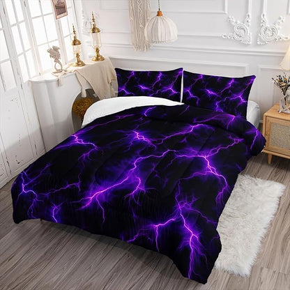 Violet Lightning Comforter Set King Thunder Bedding Sets 3PCS for Kids Teen Adult Violet Room Decor Ultra-Soft Lightweight Microfiber 1 Comforter with 2 Pillowcases