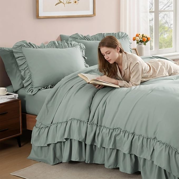 King Size Comforter Set Sage Green, Ruffle Shabby Chic Bedding Set Farmhouse 7 Pieces, All Season Fluffy Bed in a Bag with Sheets, Pillowcases & Shams