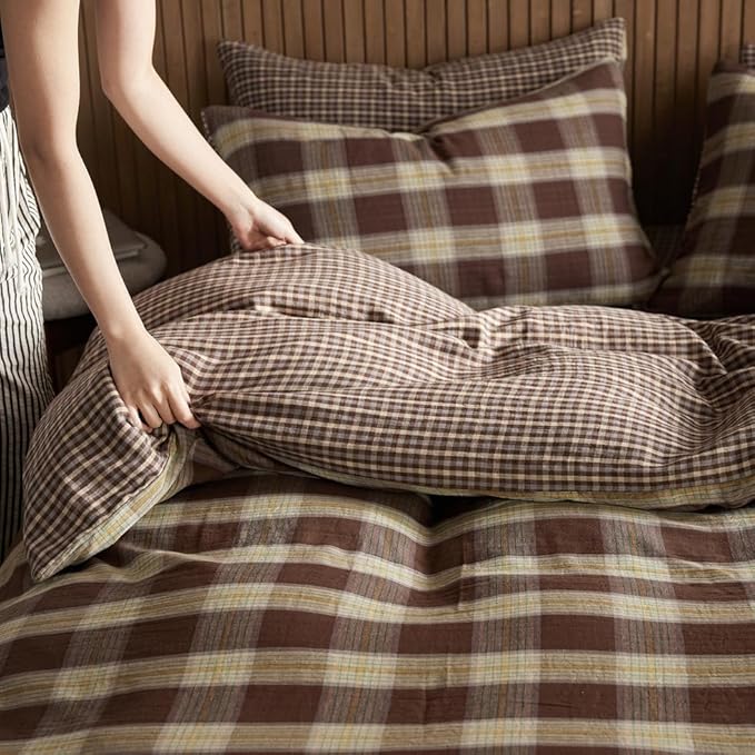 EAVD Vintage Coffee Gingham Comforter Set Full Soft 100% Muslin Cotton Chic Shabby Yellow Green Grid Checkered Pattern Bedding Set with 2 Pillowcases Reversible Farmhouse Plaid Comforter Set