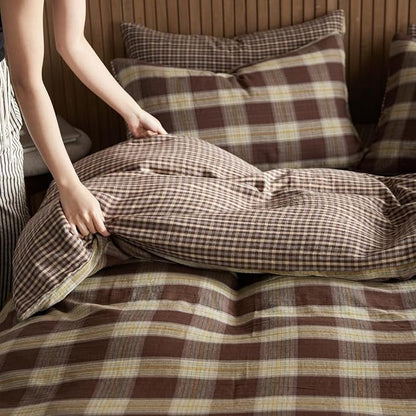 EAVD Vintage Coffee Gingham Comforter Set Queen Soft 100% Muslin Cotton Chic Shabby Yellow Green Grid Checkered Pattern Bedding Set with 2 Pillowcases Reversible Farmhouse Plaid Comforter Set