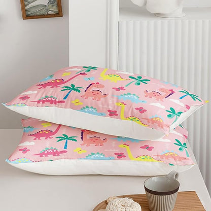 Axolotl Cute Dinosaur Comforter Set Twin,Colorful Dinosaur Girls Bedding Set,Dinosaurs Print Comforter Sets Botanical Palm Trees,Butterfly Bedding Set for Kids Girls Teens,1 Quilt 2 Pillowcases,Pink