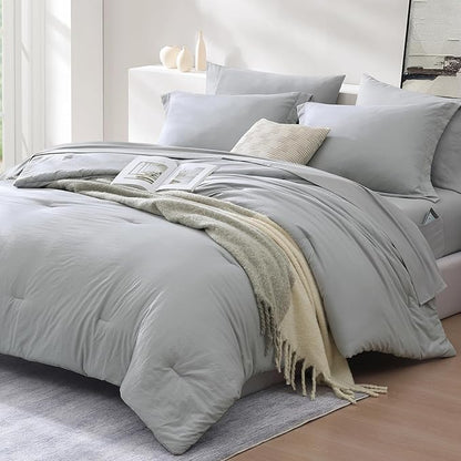 WRENSONGE Twin Comforter Set- 5 Pieces Light Grey Bed in a Bag, All Season Twin XL Bedding Sets with 1 Fitted Sheet, 1 Flat Sheet, 1 Pillow Sham and 1 Pillowcase