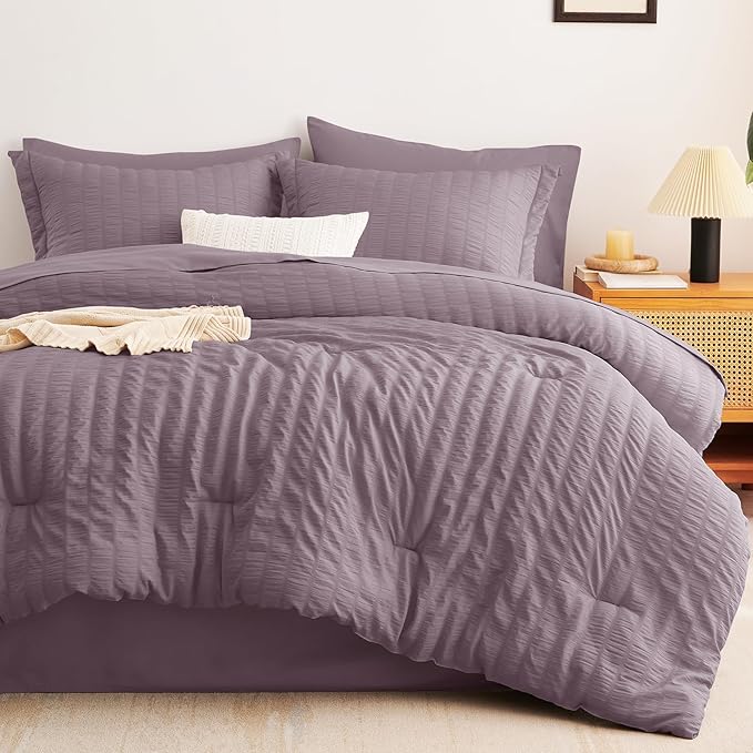 CozyLux Twin Comforter Set with Sheets 5 Pieces, Dusty Purple Seersucker Textured Bed in a Bag, Grayish Purple Luxury Soft Bedding Sets with Down Alternative Comforter, Sheets, Pillowcase & Sham