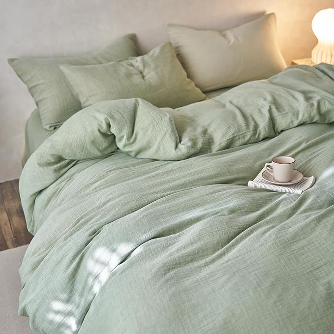 EAVD Solid Color Mint Green Duvet Cover King Soft Breathable 100% Cotton Muslin Linen Like Gauze Bedding Comforter Cover with 2 Pillowcases Modern Simple Mint Green Comforter Cover with Zipper Closure