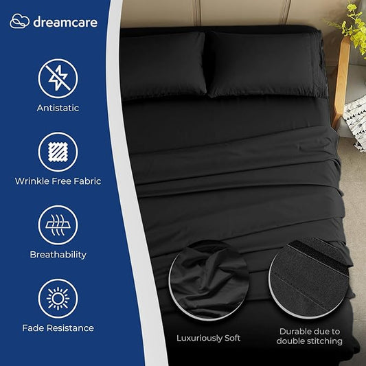 DREAMCARE Queen Size Sheets - Cooling Bed Sheets - 4pcs Set - up to 15" Deep Pocket Queen Sheet Set - Sheets Queen Size Bed - Soft & Long Lasting 100% Fine Brushed Polyester with Side Pocket - Black