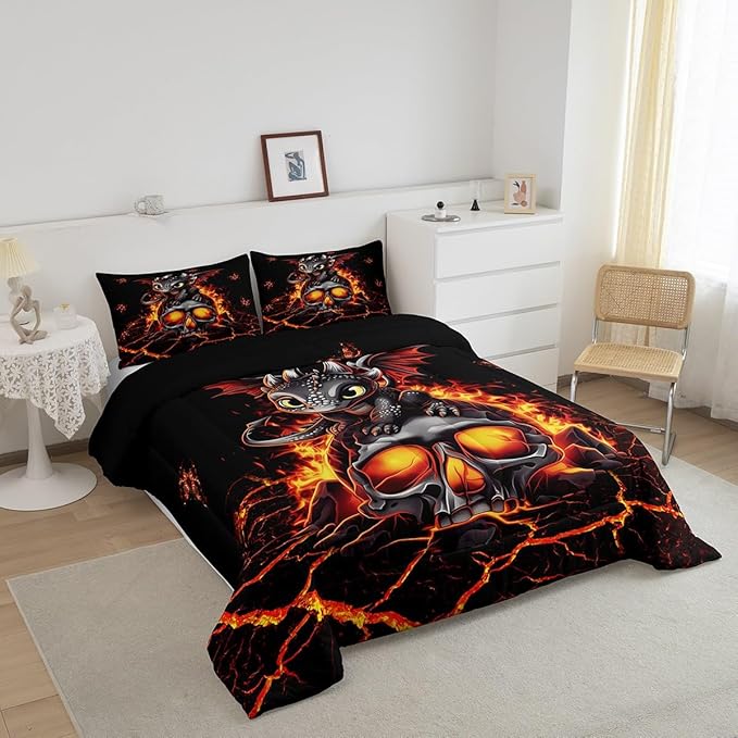 Cartoon Dragon Bedding Set King Size Black Skull Flame Crack Comforter for Child Toddler Teens Lovely Halloween Dragon Down Comforter Neon Red Butterfly Duvet Insert with 2 Pillowcases