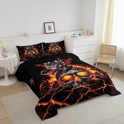 Cartoon Dragon Bedding Set King Size Black Skull Flame Crack Comforter for Child Toddler Teens Lovely Halloween Dragon Down Comforter Neon Red Butterfly Duvet Insert with 2 Pillowcases