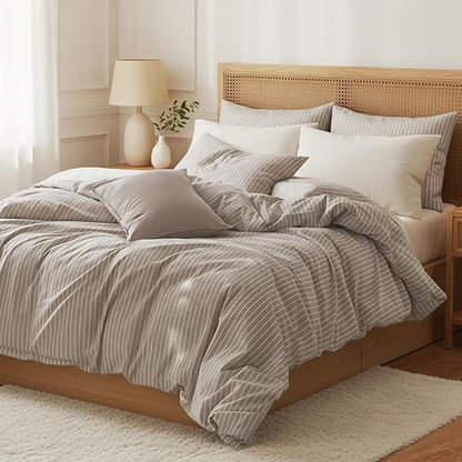 Nayoroom Brown Striped Duvet Cover Queen Size 100% Washed Cotton White Pinstripe Duvet Cover 3 Pieces Soft Breathable Girls Dorm Bedding Set for All Seasons, Yarn Dyed Process
