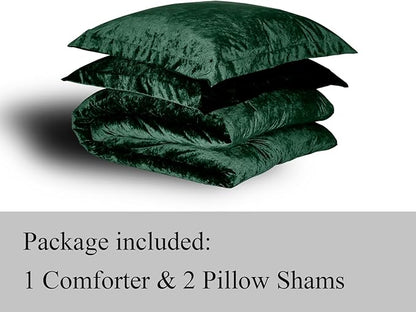 TAMGHO Dark Green Comforter Queen, Crushed Velvet Bedding for All Seasons, Luxury Fluffy Soft 3pc Bed Set Includes 1 Comforter (92"x96") and 2 Pillow Shams (20" x26), Dark Emerald Green | Soft, Medium Fill Weight, Velvet Texture