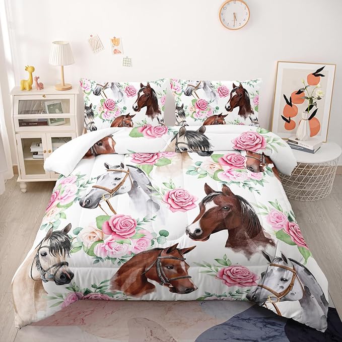 Horse and Flower Comforter Set for Girls Kids Horse and Floral 3 Piece Bedding Set Full Floral Lightweight Comforter Down Alternative with 2 Pillowcases All Seasons