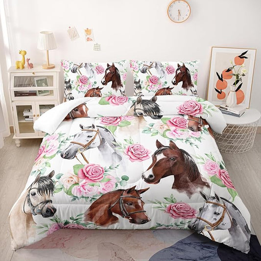 Horse and Flower Comforter Set for Girls Kids Horse and Floral 3 Piece Bedding Set Queen Floral Lightweight Comforter Down Alternative with 2 Pillowcases All Seasons