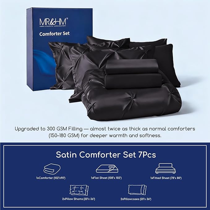 MR&HM Satin Comforter King 7 Pieces - Luxurious Pinch Pleat Bedding Set with Comforter, Flat Sheet, Fitted Sheet, Pillowcases & Shams, Super Silky Soft Bed Set for All Season (King, Black)