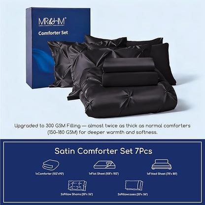 MR&HM Satin Comforter King 7 Pieces - Luxurious Pinch Pleat Bedding Set with Comforter, Flat Sheet, Fitted Sheet, Pillowcases & Shams, Super Silky Soft Bed Set for All Season (King, Black)