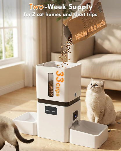 Yakry Automatic Cat Feeder for 2 Cats with Dual Bowls & Two HD Cameras | Easy Setup 5GHz Stable WiFi APP Control Cat Food Dispenser with IR Night Vision - 8L Pet Feeder for Multi-Cat & Small Dogs
