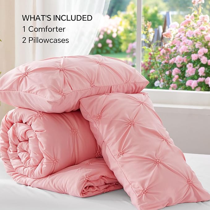 BEDELITE Pink Queen Comforter Set - 3 Pieces Boho Pintuck Bedding Comforter Sets, Lightweight Soft & Warm Bed Comforter with 2 Pillowcases for All Season,Valentines Day | mothers day gifts, Multiple color, Modern Comforter, High Quality