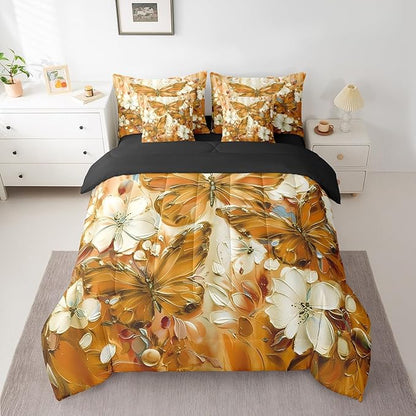 Erosebridal Floral Butterfly King Bed in A Bag 7 Piece,White Flowers Oil Painting Boho Comforter Set Retro Aesthetics Orange Butterfly Bedding Set for Girls Teen Women,Bohemian Animal Sheet Set
