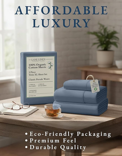 LANE LINEN 100% Organic Cotton Eco Friendly Fully Elasticized Twin XL Sheet Set, Low Pilling Fade Resistant Machine Washable Extra Long Twin Bedding Set, Soft & Comfy Cotton Sheets-Estate Blue