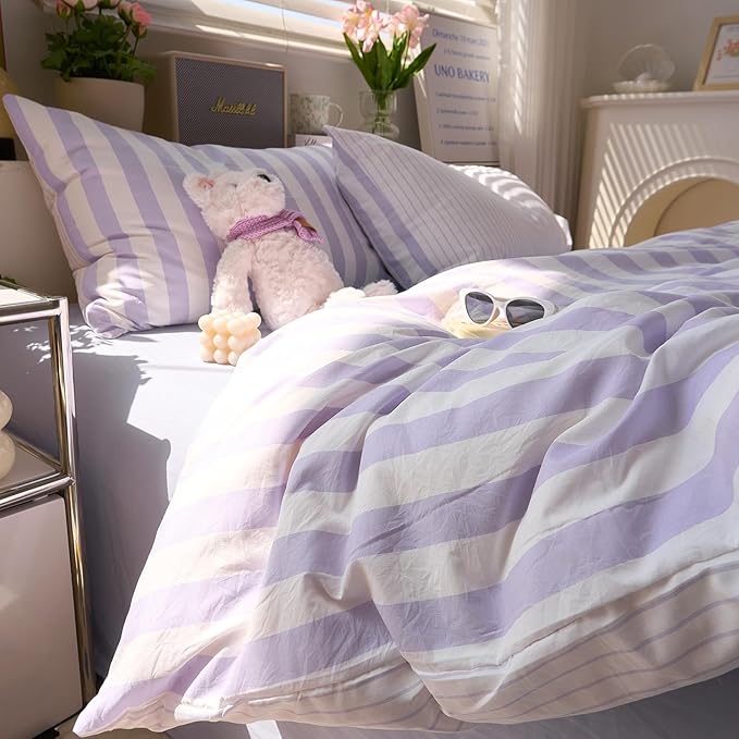 Purple Striped Full Bed Duvet Cover Vintage Cute Comforter Cover Full Soft Farmhouse Boho Hotel Duvet Cover Set with Hidden Zipper Dorm Room Girls Bedding Set Washed Microfiber Duvet Protector