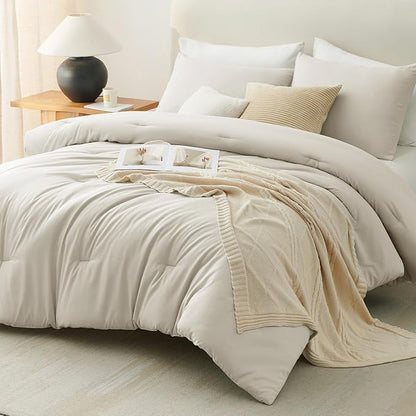 CozyLux Beige Queen Comforter Set, 3 Pieces Boho Solid Breathable Quilted Style Bedding Sets, Luxury Fluffy Soft Bed Set with Down Alternative Comforter for All Season (1 Comforter & 2 Pillowcases)