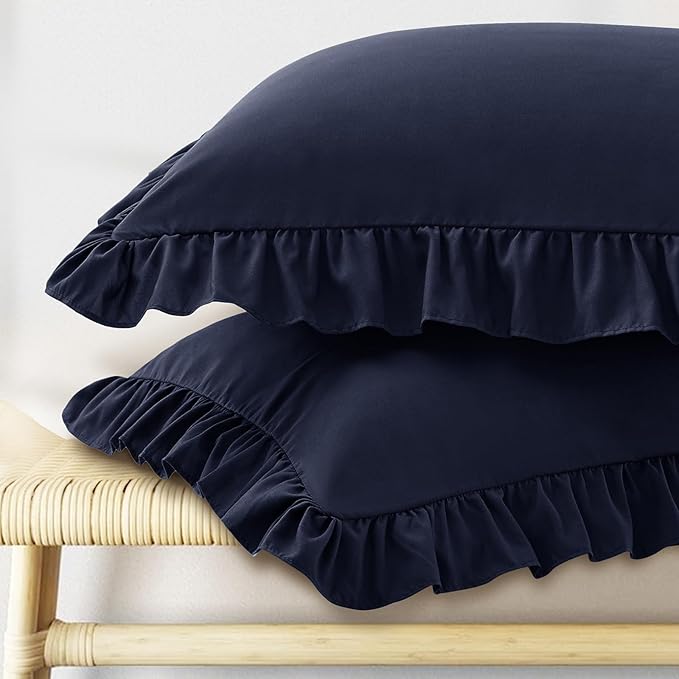 KKJIAF Ruffle Pillow Cases Queen Size Set of 2, Ruffled Pillow Covers with Envelope Closure, Wrinkle Resistant Ruffled Pillow Shams 20" x 30", Navy Blue