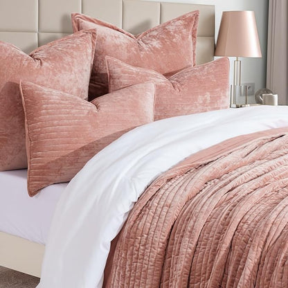 EVERGRACE Velvet Quilt Set Queen Size, Luxurious Soft Striped Channel Bedding Set, Lightweight Velvet Comforter for All Season, Oversized Bedspread Coverlet with 2 Matching Shams, Pink Clay