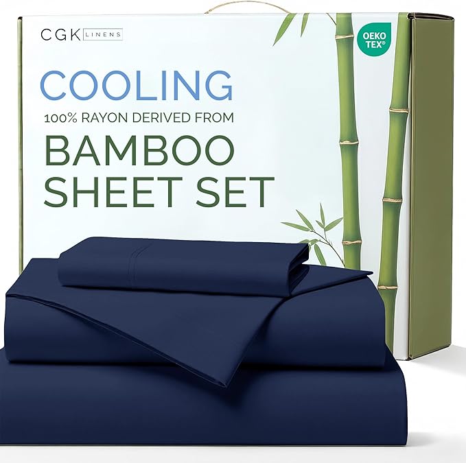 Bed Sheets Twin Size - Cooling Sheets for Twin - 100% Rayon Derived from Bamboo - Soft, Breathable & Hotel Luxury Bedding - 1 Flat & 1 Fitted and 2 Pillowcases w/ 16 Inch Deep Pockets - Navy Blue