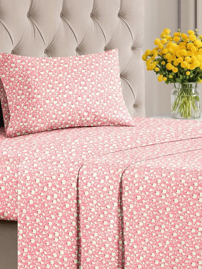 Floral Sheets - Pink & White Bed Sheet Set - 1 Flat, 1 Fitted & 1 Pillowcase w/ Deep Pockets - Comfy, Cozy, Wrinkle & Fade Free - Boho Botanical Bedding - Soft, Breathable & Cooling - Twin XL Size Set