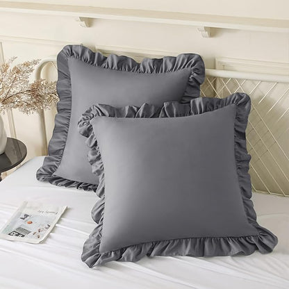 KKJIAF Ruffle Pillow Cases 18x18 Inches, Grey Square Ruffled Pillow Covers Set of 2, Microfiber Wrinkle Resistant Pillow Shams with Envelope Closure for Sofa Bed Living Room