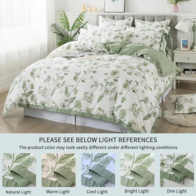FADFAY Twin XL Duvet Cover Set Floral Bedding Set 100% Cotton College Bedding for Dorm Room Beige Green Reversible Comforter Cover Flower School Students Soft Luxury Soft 3Pcs, Twin Extra Long