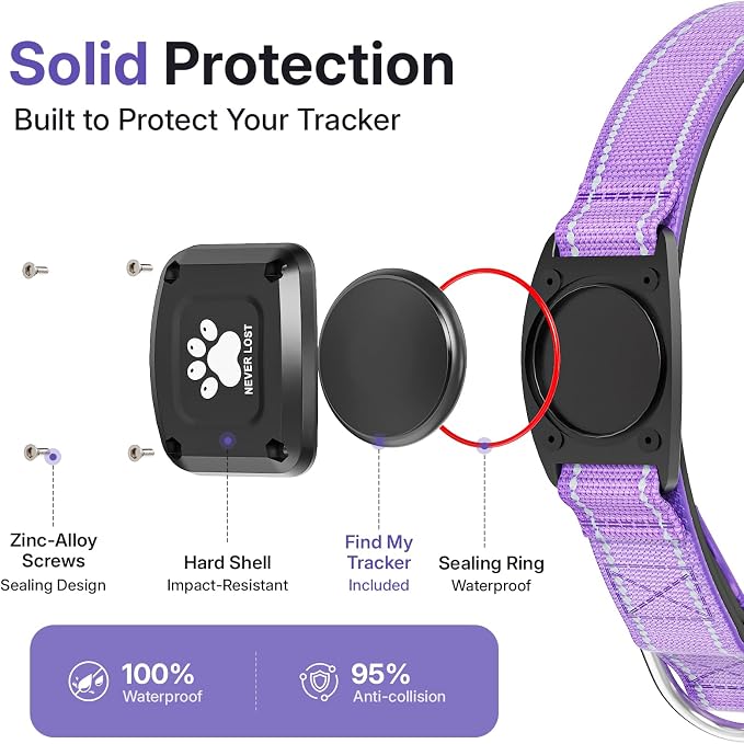 GPS Dog Collar Tracker 2-in-1,Reflective Waterproof Pet Collar,iOS-Only,No Monthly Fees,Unlimited Range,Dog Tracking Collar Pet Tracker,for Small Medium Large Dogs(L (16.5"-23.5"), Purple)