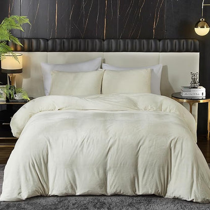 Ivellow Velvet Duvet Cover King Set Beige Velvet Duvet Cover King Comforter Cover 3Pcs Ultra Soft Duvet Cover Breathable Solid Luxury Flannel Velour Duvet Cover Zipper Closure Corner Tie