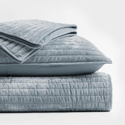 EVERGRACE Velvet Quilt Set Queen Size, Luxurious Soft Striped Channel Bedding Set, Lightweight Velvet Comforter for All Season, Oversized Bedspread Coverlet with 2 Matching Shams, Blue Linen