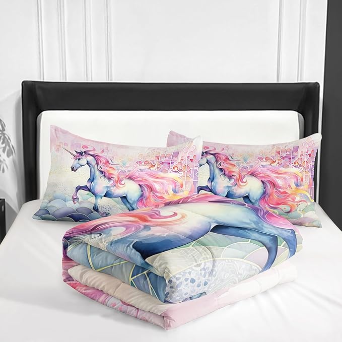Pink Fantasy Unicorn Comforter Set King Rainbow Scales Unicorn 3pcs Bedding Set for Girls Boys Kids Cartoon Down Alternative Soft Lightweight Comforter with 2 Pillowcases All Season