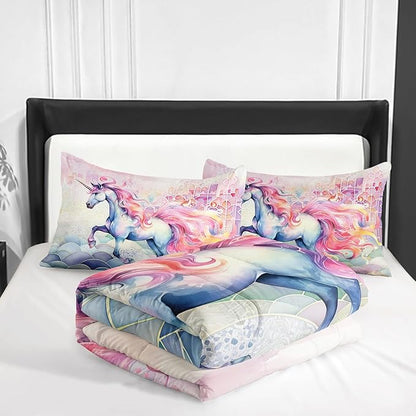 Pink Fantasy Unicorn Comforter Set King Rainbow Scales Unicorn 3pcs Bedding Set for Girls Boys Kids Cartoon Down Alternative Soft Lightweight Comforter with 2 Pillowcases All Season