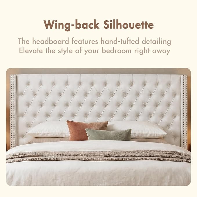 Madison Park Queen Wingback Upholstered Tufted Headboard, Featuring High-Density Sponge Padding, Adjustable Height Headboard, Easy Assembly, Beige Velvet
