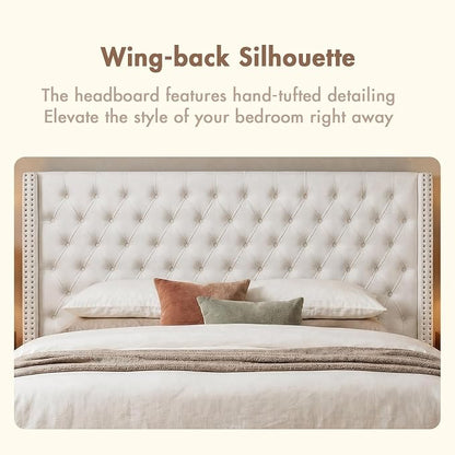 Madison Park Queen Wingback Upholstered Tufted Headboard, Featuring High-Density Sponge Padding, Adjustable Height Headboard, Easy Assembly, Beige Velvet