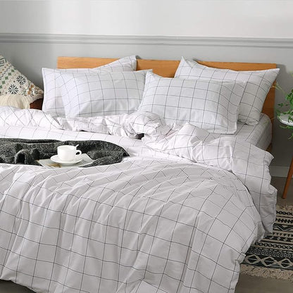 JELLYMONI 100% Natural Cotton 3pcs Plaid Duvet Cover Sets,White with Black Grid Geometric Pattern Printed Comforter Cover,with Zipper Closure & Corner Ties(Oversized King Size)
