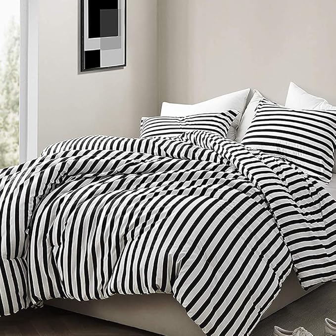 CLOTHKNOW Striped King Size Comforter Set Black and White Bedding Comforter Sets Soft Farmhouse Ticking Comforter with 2 x Pillow Cases