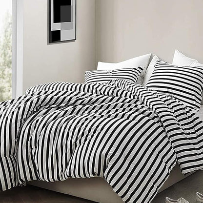 CLOTHKNOW Striped Full Size Comforter Set Black and White Bedding Comforter Sets Farmhouse Comforter Ticking Boho Comforter with 2 x Pillow Cases
