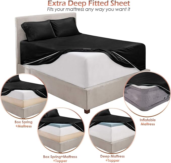 Hearth & Harbor Extra Deep Pocket King Size Sets - Fits Mattress 18-24 Inches Deep - Extra Deep Pocket Sheets - 6 Piece King Size - Black