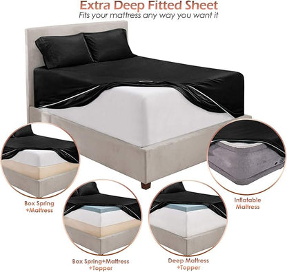 Hearth & Harbor Extra Deep Pocket Sheets - Fits Mattress 18-24 Inches Deep - Extra Deep Pocket California King Size - 6 Piece Cal King Sheets - Cal King, Black