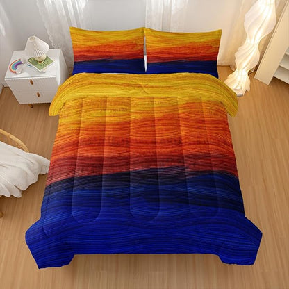 Geometric Splicing Comforter Sets Full Size,Orange and Blue Graffiti Bedding Set for Your Room,Abstract Soft Lightweight Quilted Set All Season,1 Comforter and 2 Pillowcases