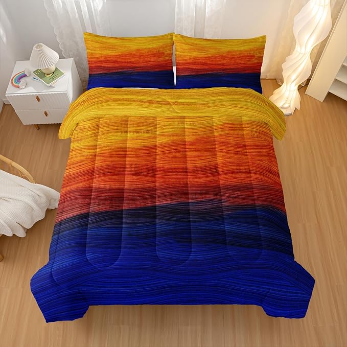 Geometric Splicing Comforter Sets King Size,Orange and Blue Graffiti Bedding Set for Your Room,Abstract Soft Lightweight Quilted Set All Season,1 Comforter and 2 Pillowcases