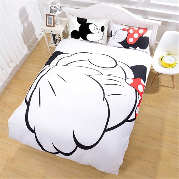 Microfiber Reversible Printing Mickey Mouse Couples Duvet Cover 3PCS Bedding Set with Zipper Closure - Ultra Soft Lightweight and Easy Care, Queen
