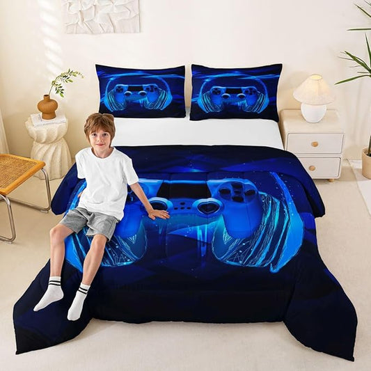 Feelyou Gamer Bedding Set Kids Video Game Gamepad Comforter Set for Boys Teens Gaming Headset Comforter Breathable Blue Game Controller Duvet Set Room Decor Quilt Set Twin Size